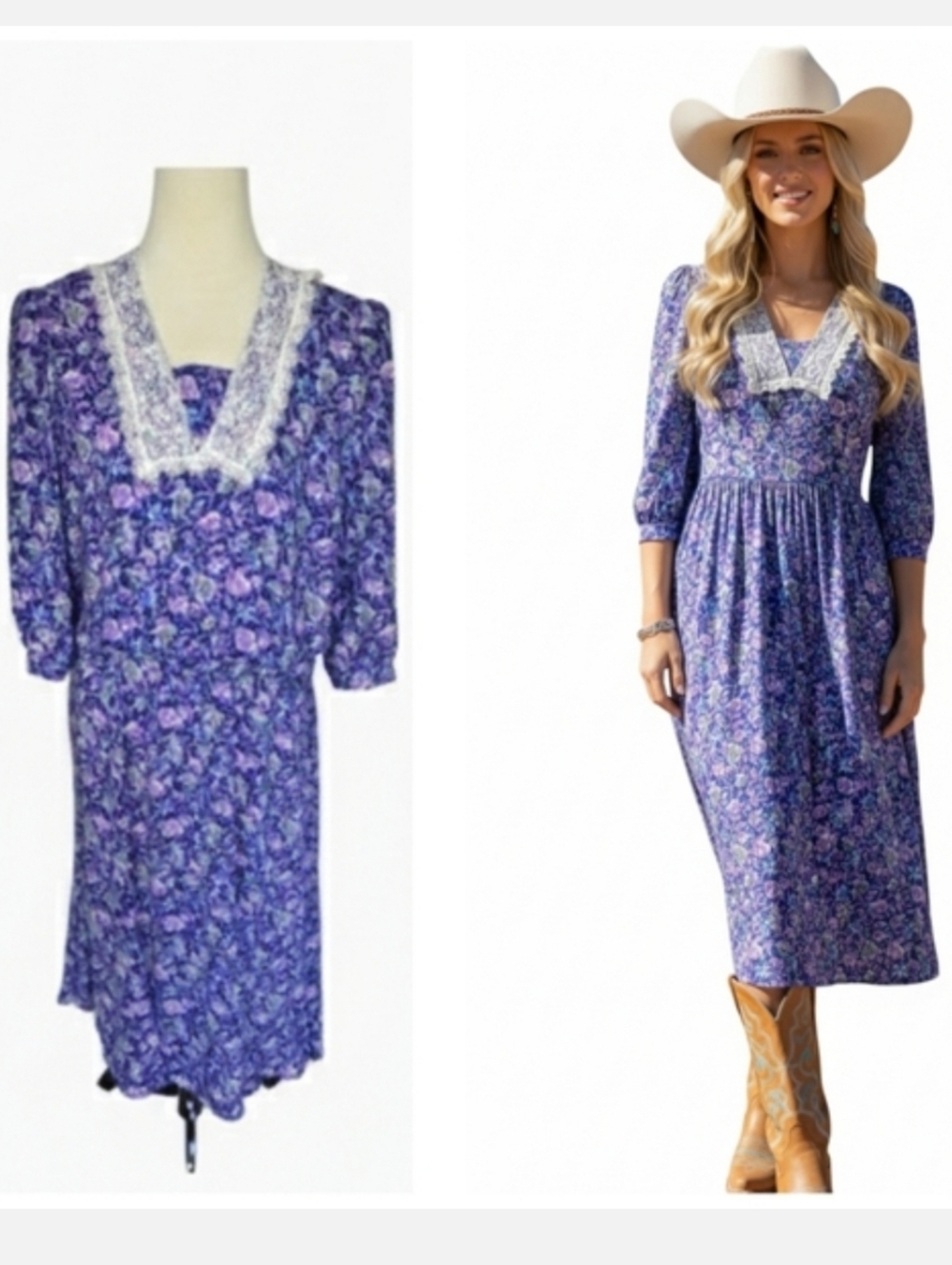 Vintage Alison Peters Floral Purple & Blue Dress with Lace Collar Size 14